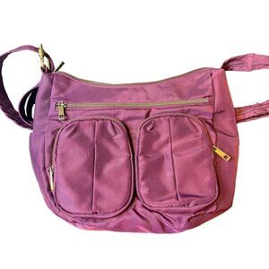 Travelon Anti Theft Dark Purple Nylon Multi Pocket Shoulder Travel Bag